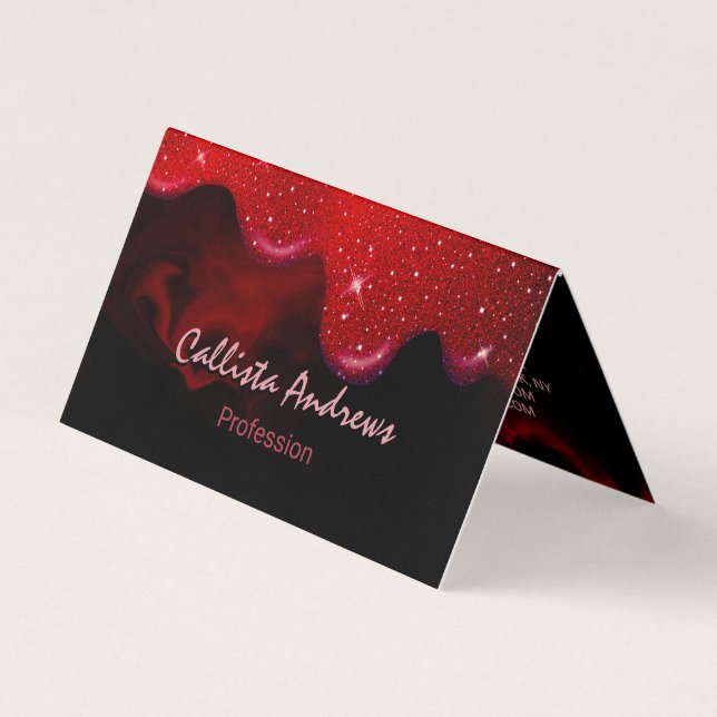 Chic black red drippings glitter marble business card (Front)