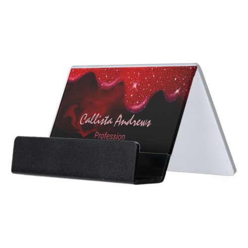 Chic black red drippings glitter marble desk business card holder