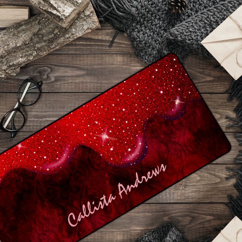 Chic black red drippings glitter marble desk mat