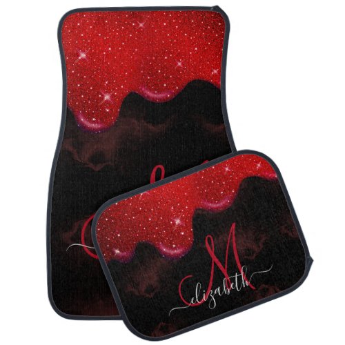 Chic black red drippings glitter marble monogram car floor mat