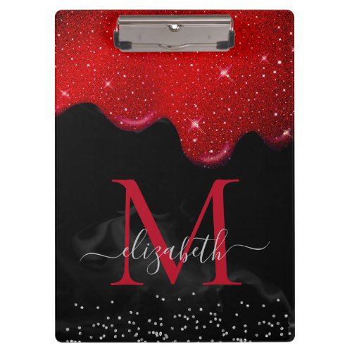 Chic black red drippings glitter marble monogram clipboard