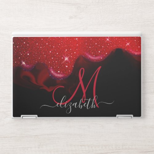 Chic black red drippings glitter marble monogram HP laptop skin