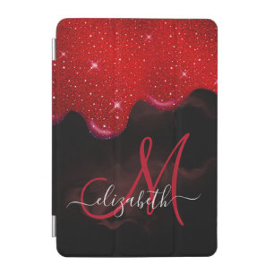 Chic black red drippings glitter marble monogram iPad mini cover