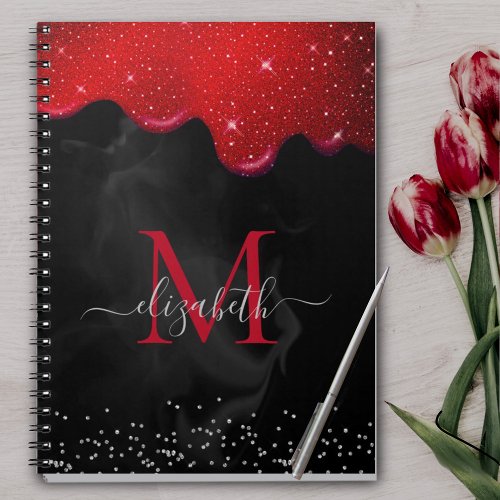 Chic black red drippings glitter marble monogram  notebook