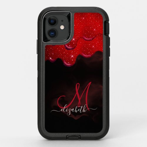 Chic black red drippings glitter marble monogram OtterBox defender iPhone 11 case