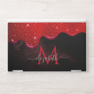 Chic black red drippings glitter marbling monogram HP laptop skin