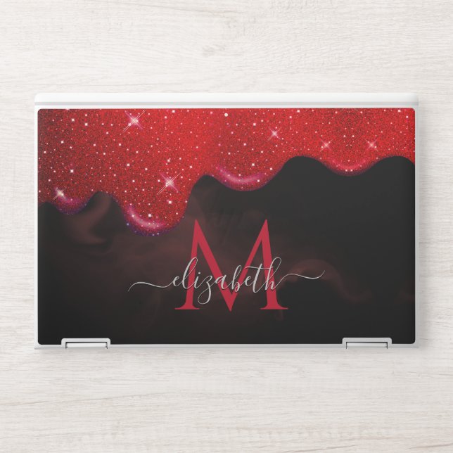 Chic black red drippings glitter marbling monogram HP laptop skin (Front)