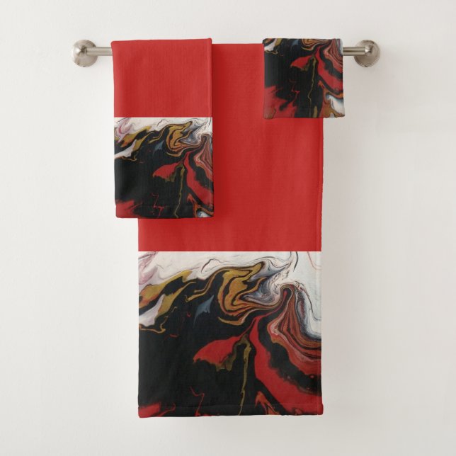 Chic Black Red Gold Abstract Bathroom Towels (Insitu)