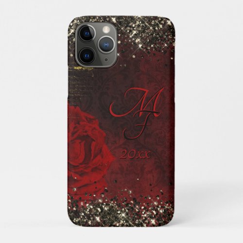Chic black red gold glitter flower monogram notebo iPhone 11 pro case