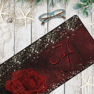 Chic black red gold glitter flower monogram notebo desk mat