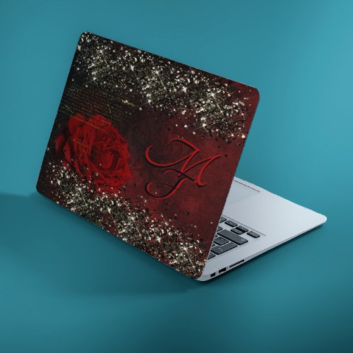 Chic black red gold glitter flower monogram notebo HP laptop skin