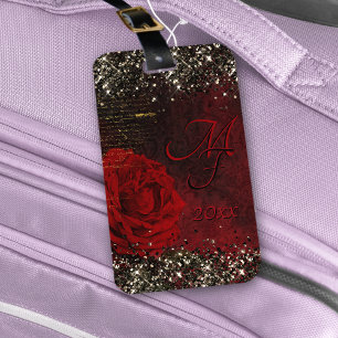 Chic black red gold glitter flower monogram notebo luggage tag