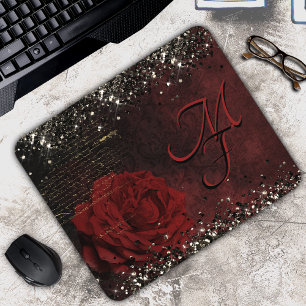 Chic black red gold glitter flower monogram notebo mouse pad