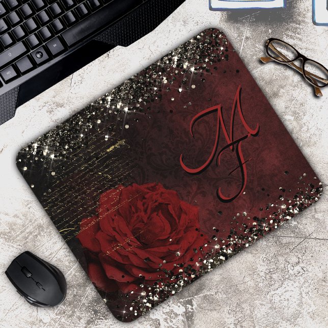 Chic black red gold glitter flower monogram notebo mouse pad (Creator Uploaded)