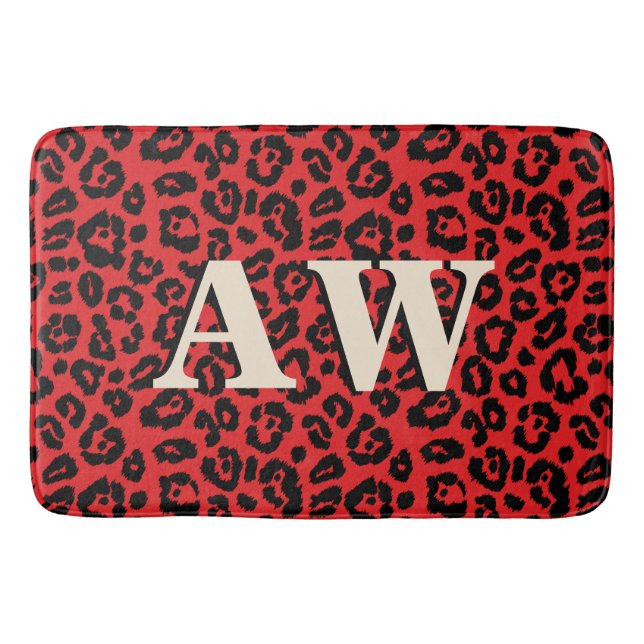 Chic Black Red Leopard Print Monogram Bath Mat (Front)