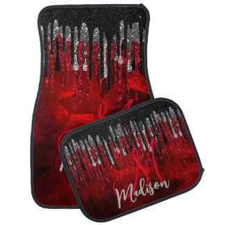 Chic black red silver drippings glitter monogram car floor mat