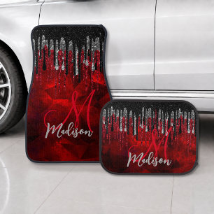 Chic black red silver drippings glitter monogram car floor mat