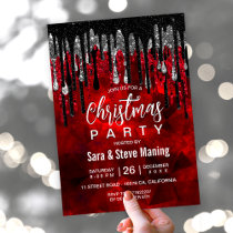 Chic black red silver glitter drips Christmas  Invitation