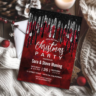 Chic black red silver glitter drips Christmas Invitation