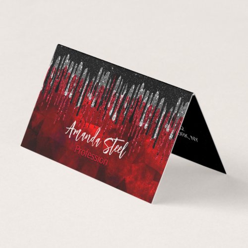 Chic black red silver glitter drips monogram business card