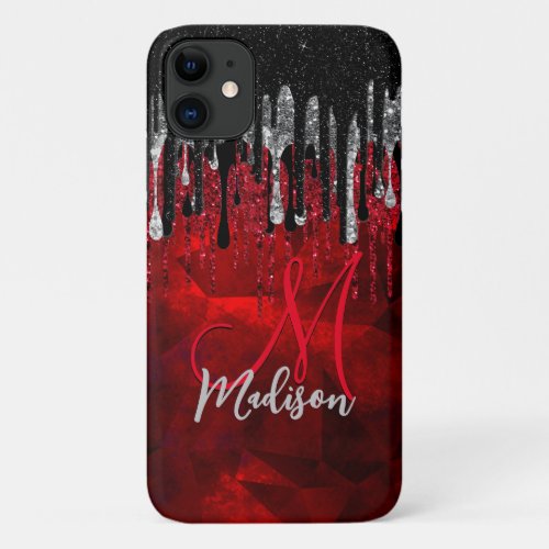 Chic black red silver glitter drips monogram iPhone 11 case