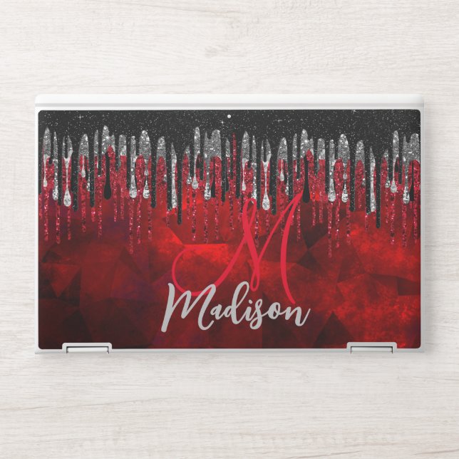 Chic black red silver glitter drips monogram HP laptop skin (Front)