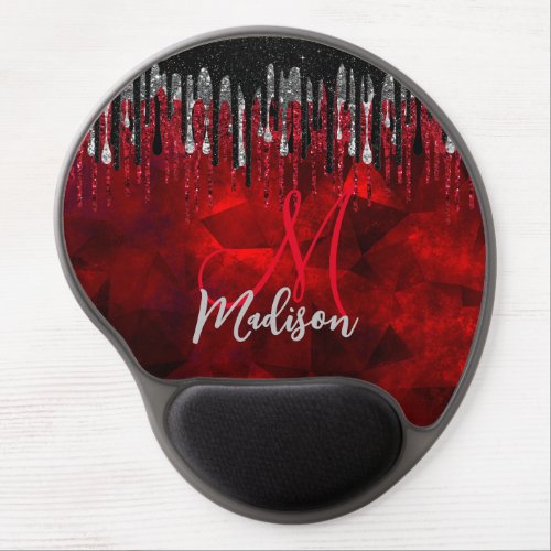 Chic black red silver glitter drips monogram mouse gel mouse pad