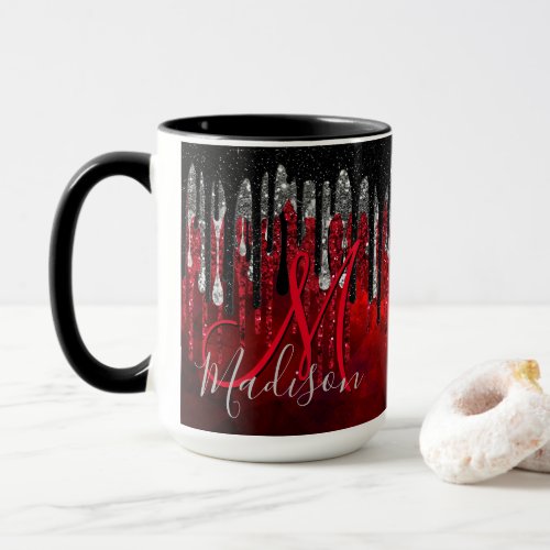 Chic black red silver glitter drips monogram mug