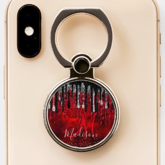 Chic black red silver glitter drips monogram