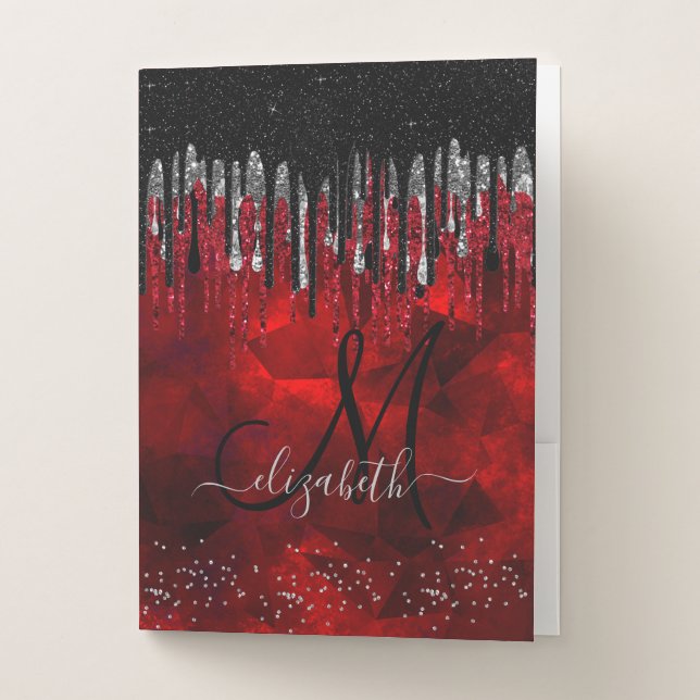 Chic black red silver glitter drips monogram pocket folder (Front)