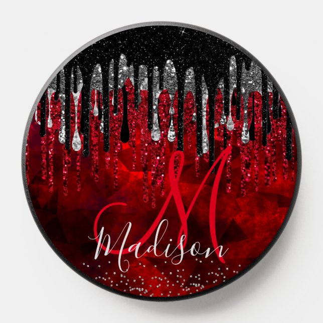 Chic black red silver glitter drips monogram PopSocket (Popsocket)