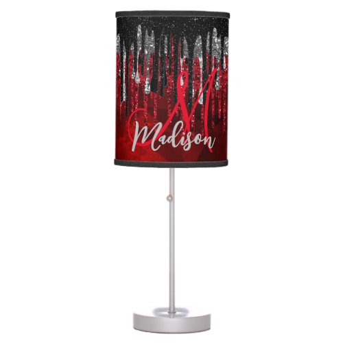 Chic black red silver glitter drips monogram table lamp