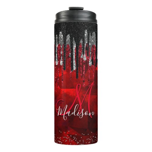 Chic black red silver glitter drips monogram thermal tumbler