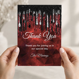 Chic Black Red Silver Metallic Dripping Thank You Card