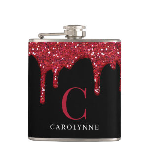 Chic Black Red Sparkle Glitter Drips Monogram Flask