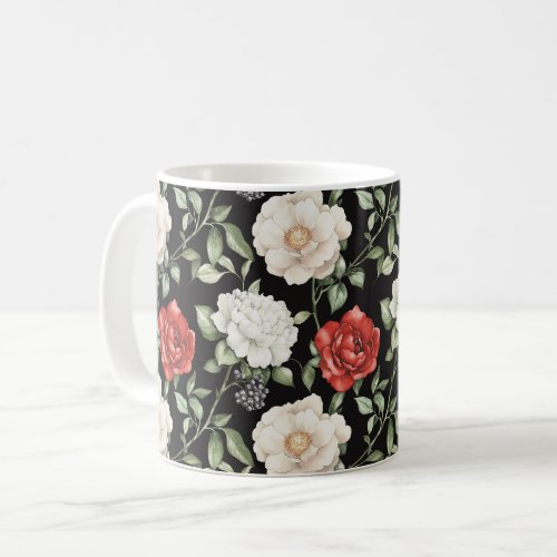 Chic Black Red White Flowers Coffee Mug