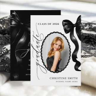 Chic Black Ribbon Graduation Invitation with Photo
