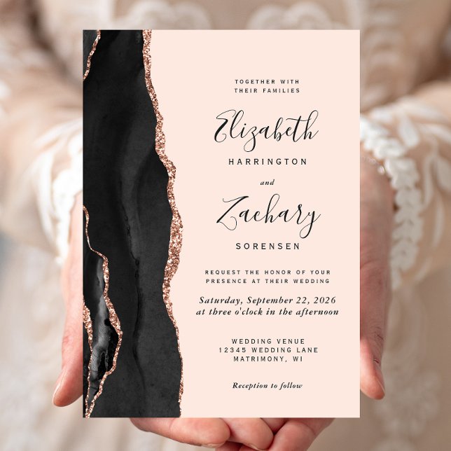 Chic Black Rose Gold Agate Blush Wedding Invitation (Creator Uploaded)