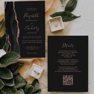 Chic Black Rose Gold Agate Dark QR Code Wedding Invitation