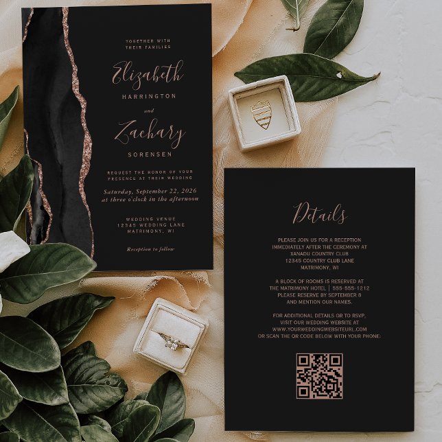 Chic Black Rose Gold Agate Dark QR Code Wedding Invitation (Creator Uploaded)