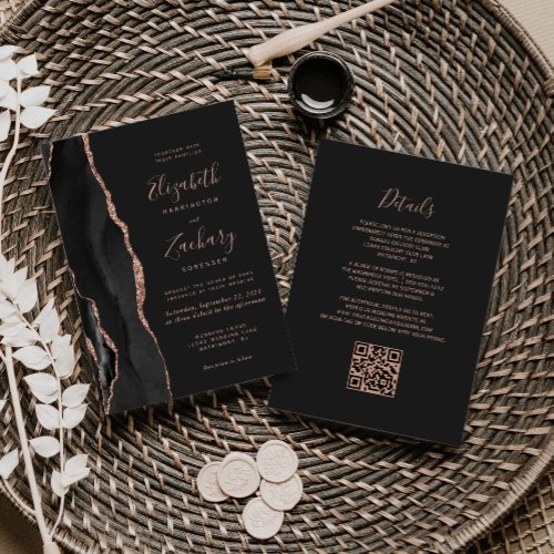 Chic Black Rose Gold Agate Dark QR Code Wedding Invitation