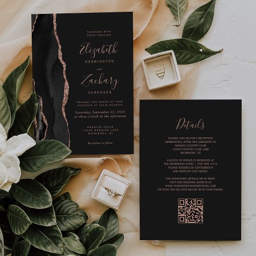 Chic Black Rose Gold Agate Dark QR Code Wedding Invitation