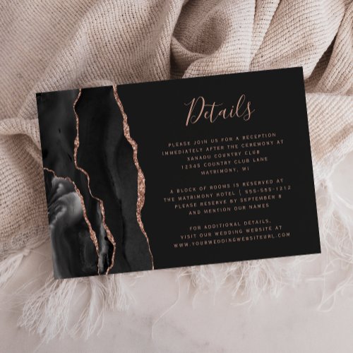 Chic Black Rose Gold Agate Dark Wedding Details Enclosure Card