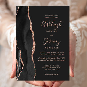 Chic Black Rose Gold Agate Dark Wedding Invitation