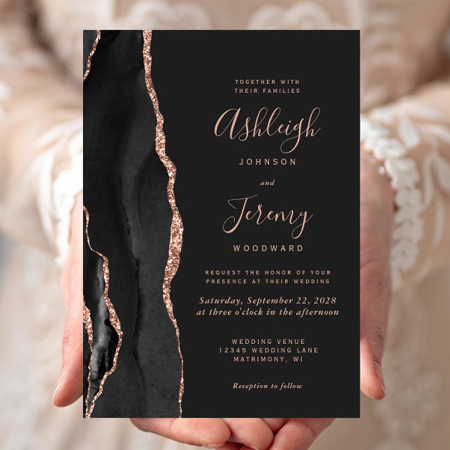 Chic Black Rose Gold Agate Dark Wedding Invitation (Creator Uploaded)