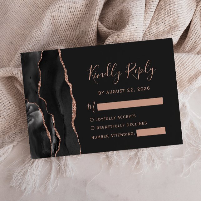 Chic Black Rose Gold Agate Dark Wedding RSVP Card (Creator Uploaded)