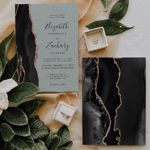 Chic Black Rose Gold Agate Sage Green Wedding Invitation