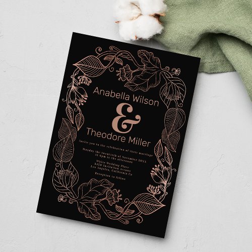 Chic black rose gold ampersand vine floral wedding invitation