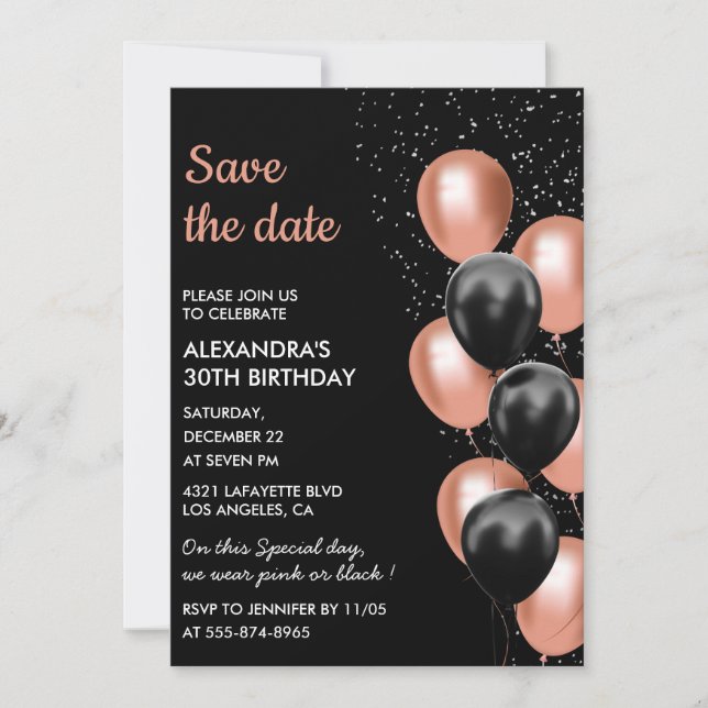 Chic Black Rose Gold Balloon 30th Save the Date  Invitation (Front)