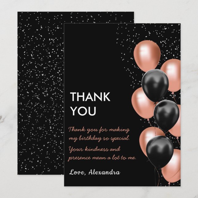 Chic Black Rose Gold Balloon  Thank You Card (Front/Back)
